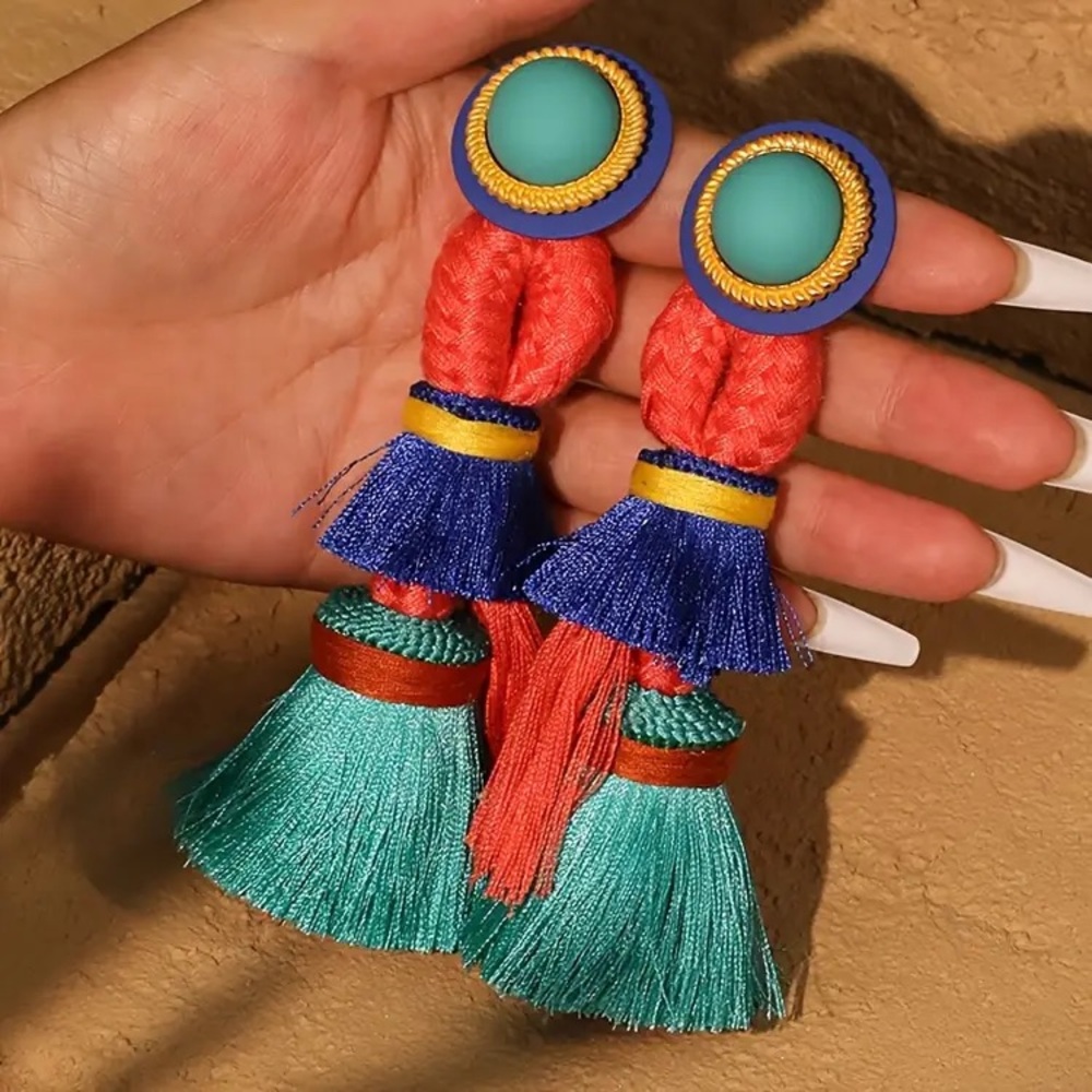 Long Colourful Tassel Statement Earrings Blue Green Orange Yellow Red Huge Big